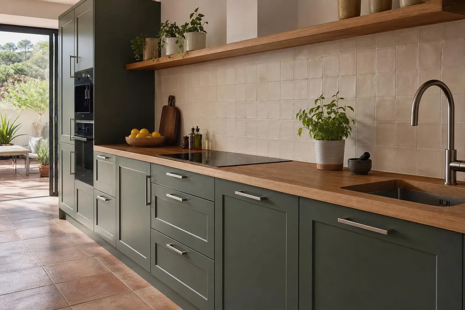 Cocina con muebles verde oscuro y encimera de madera