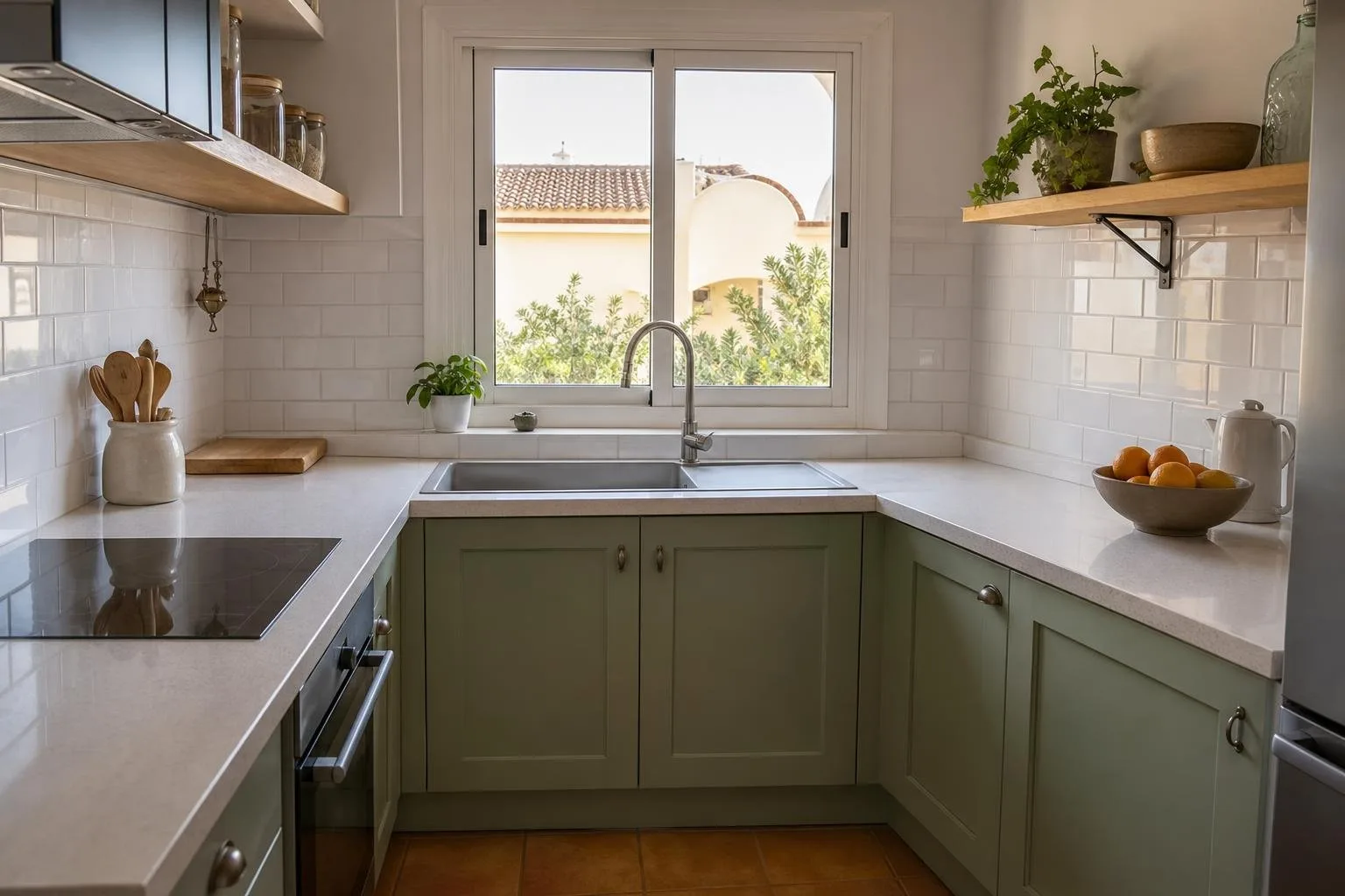 Cocina pequeña con azulejo blanco y ventana sobre el fregadero