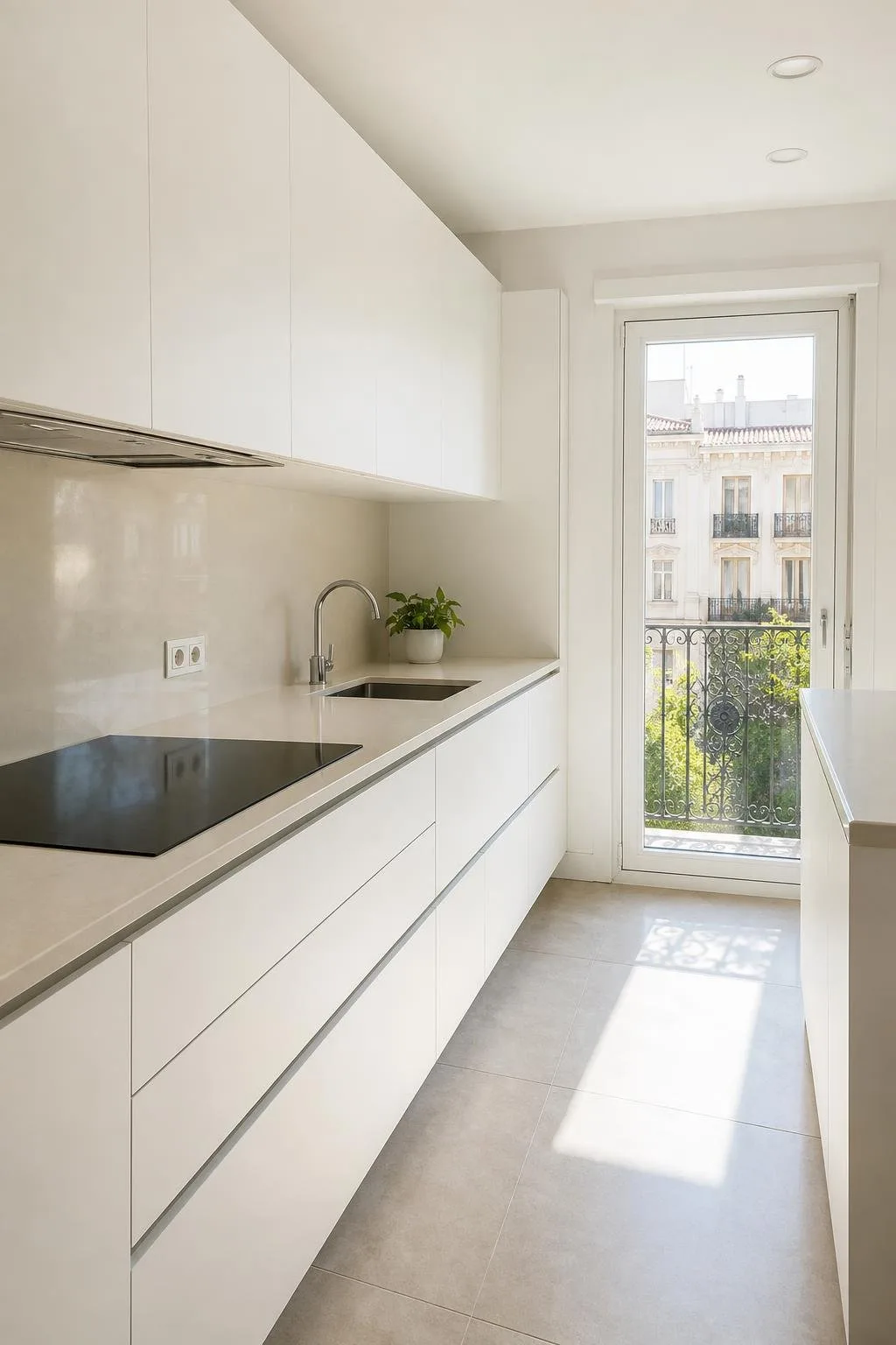 Cocina reformada con muebles blancos mate y encimera de cuarzo