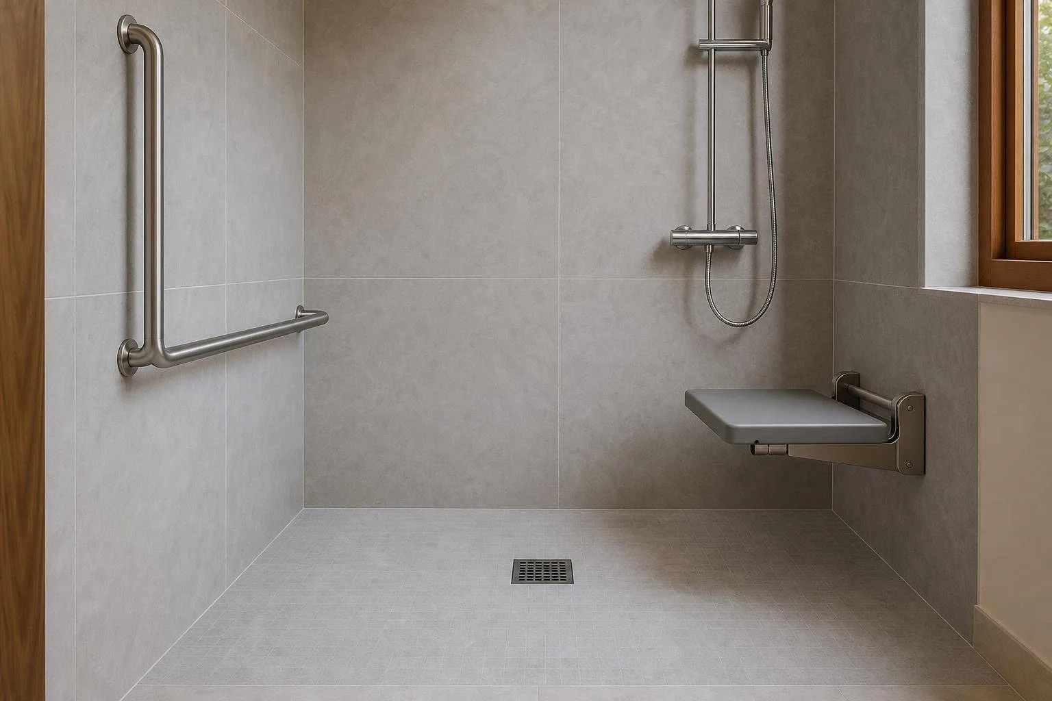Ducha accesible a ras de suelo con barra de apoyo y asiento abatible