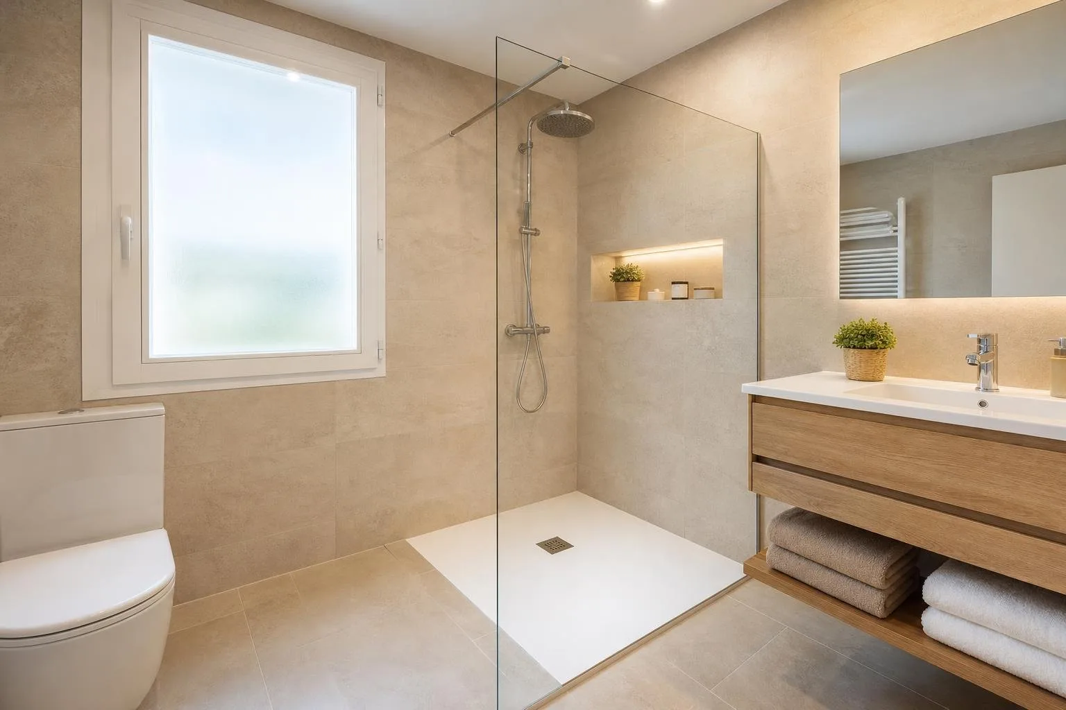 Baño luminoso reformado con ventana, azulejo beige y ducha
