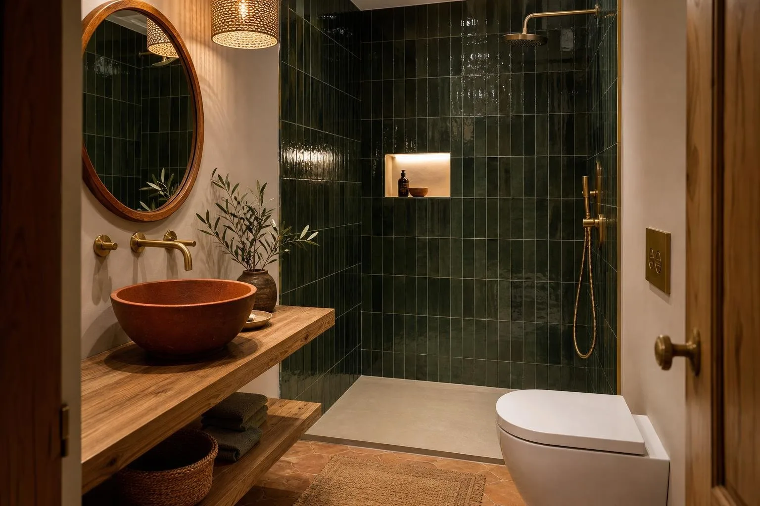 Aseo reformado con azulejo verde oscuro y lavabo pequeño