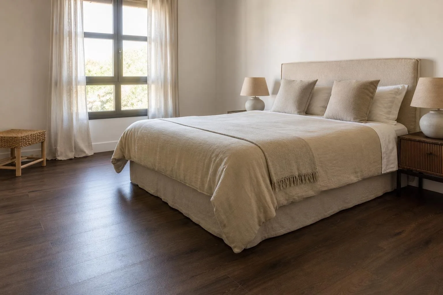 Dormitorio con tarima flotante oscura efecto nogal