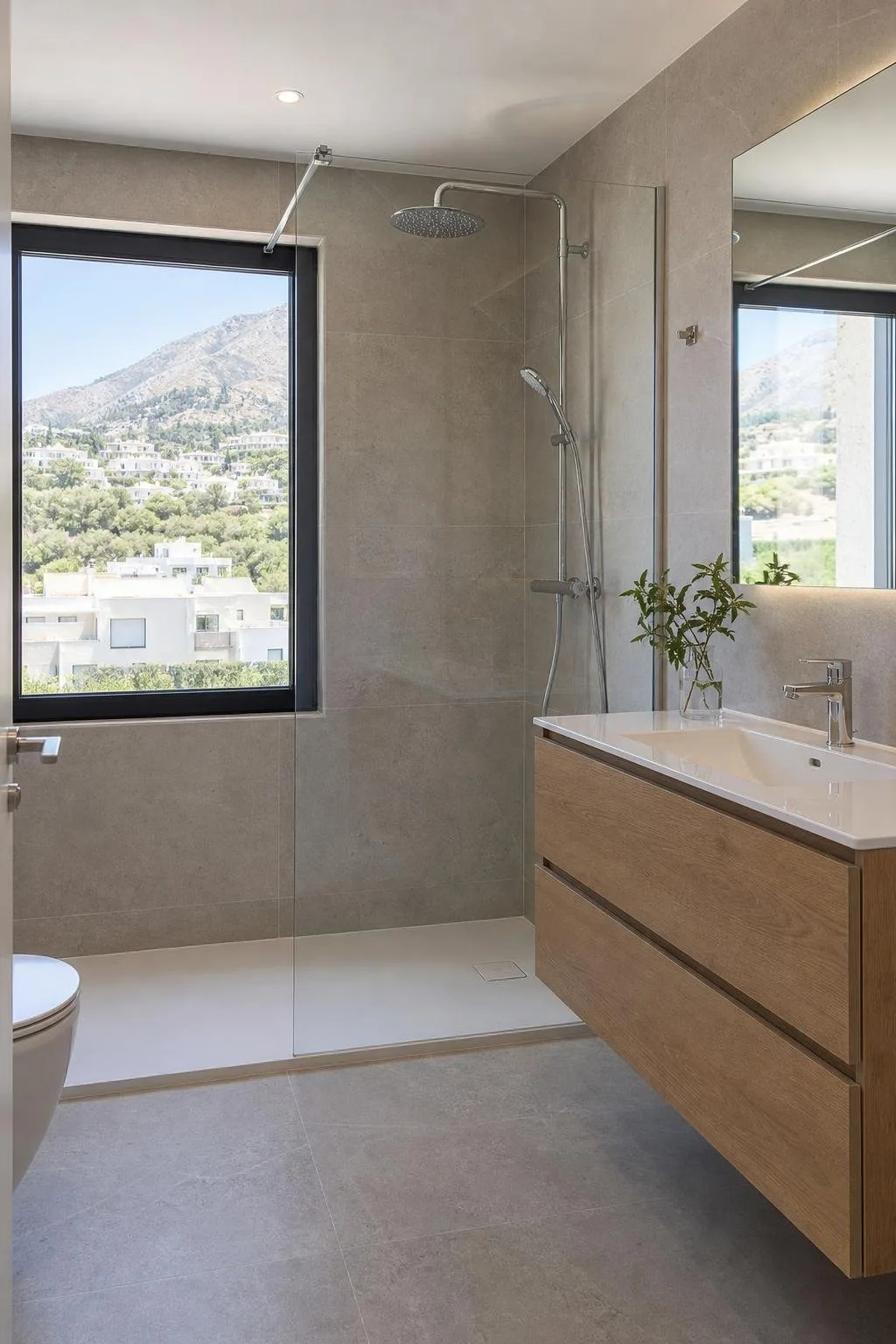 Baño reformado con ducha de obra, mampara fija y mueble suspendido de madera