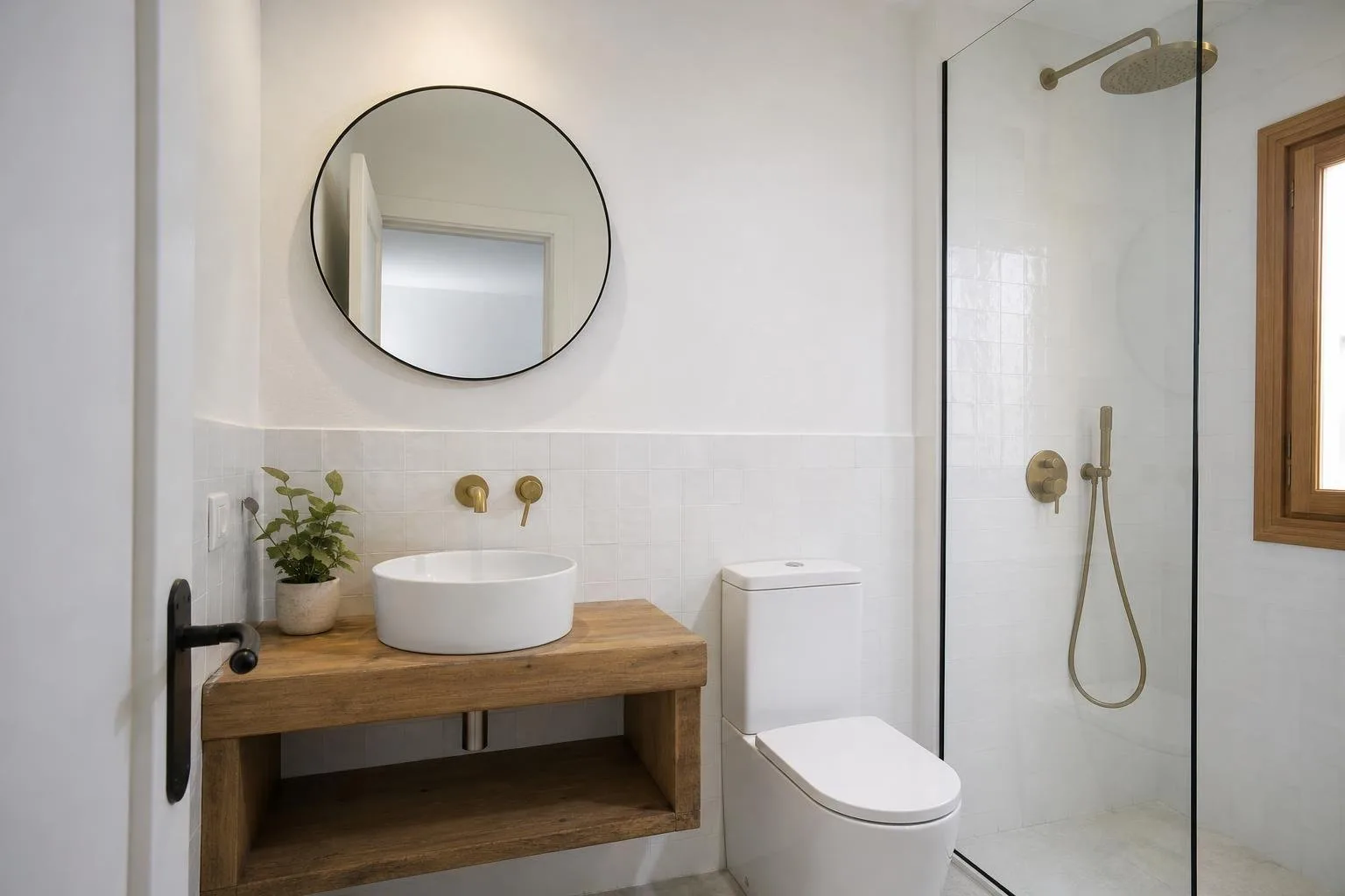 Baño pequeño con azulejo blanco y pared superior recién pintada