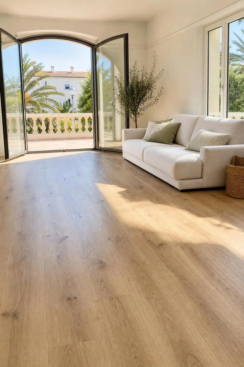Salón con suelo laminado de roble claro y rodapié blanco