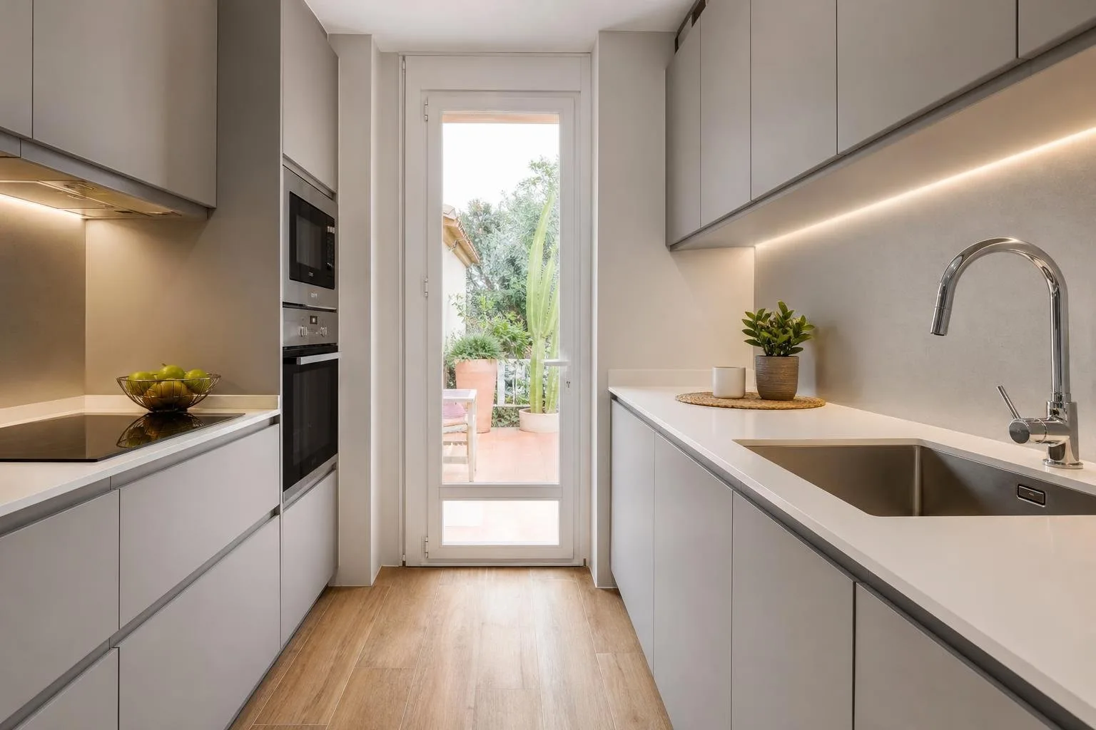Cocina pequeña en paralelo reformada con muebles grises
