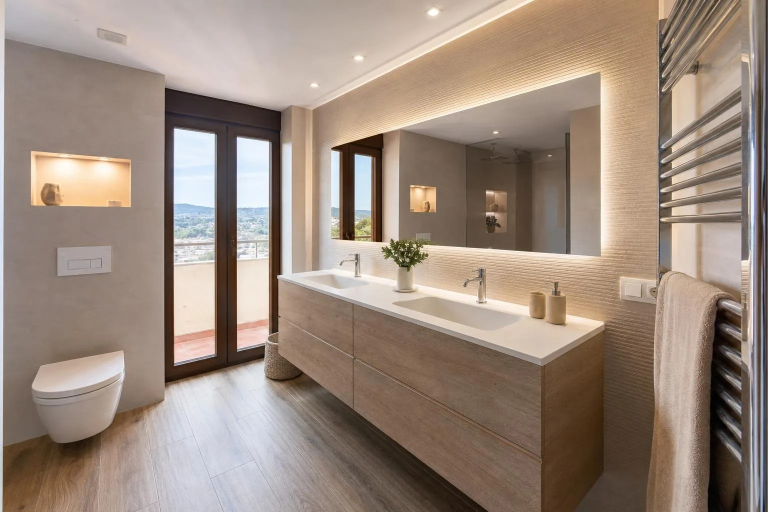 Baño amplio con doble lavabo, espejo con luz y radiador toallero