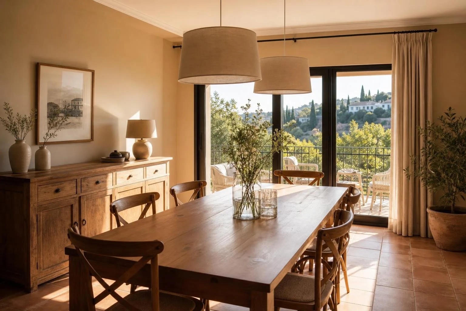 Comedor pintado en beige cálido con mesa de madera
