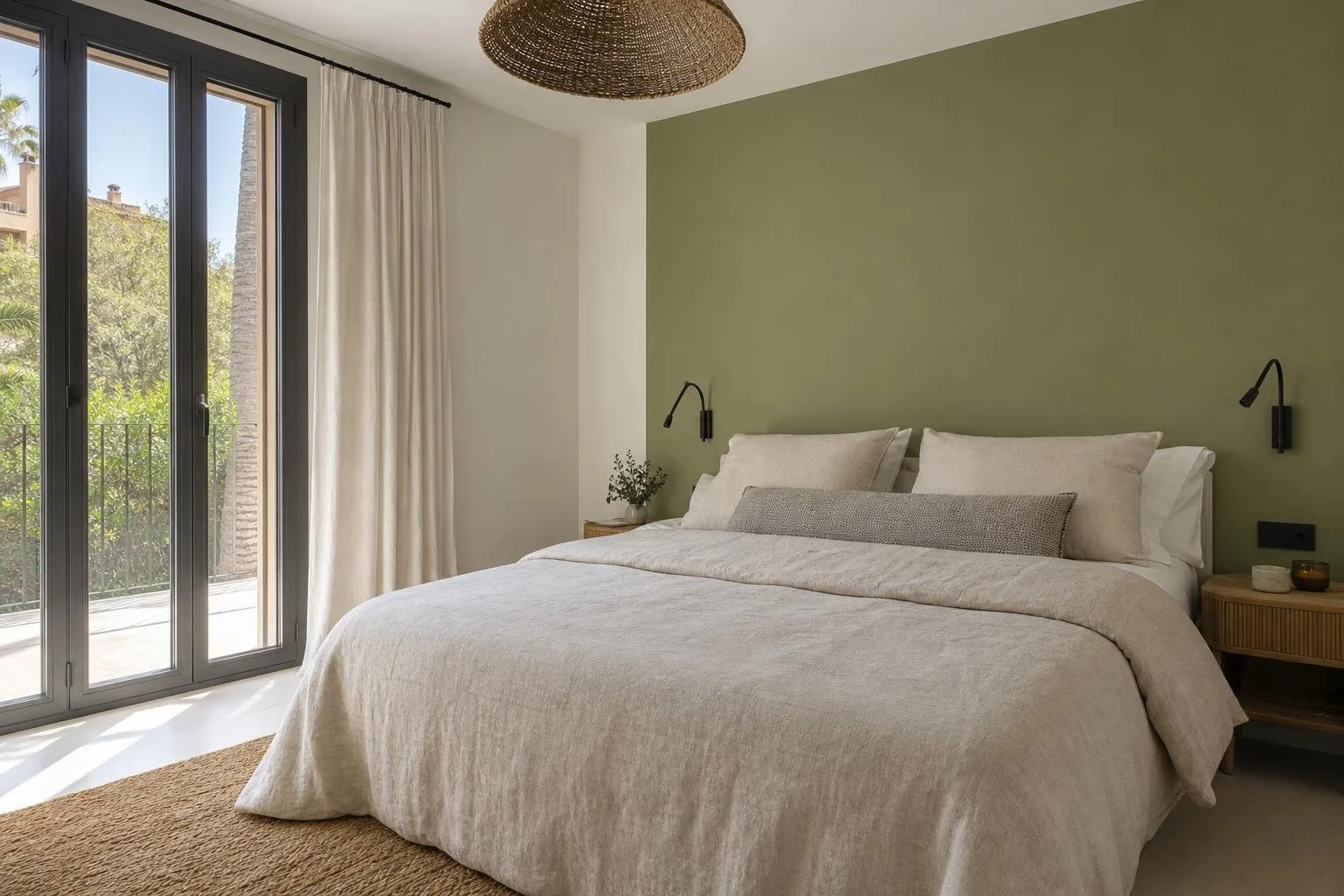 Dormitorio con una pared pintada en verde salvia