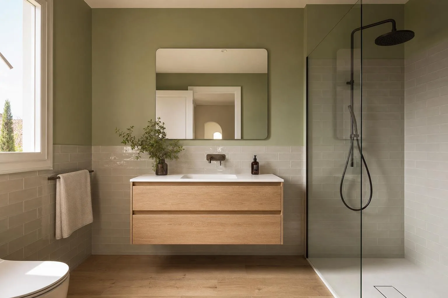 Baño con azulejo en la parte baja y pared superior pintada en verde suave