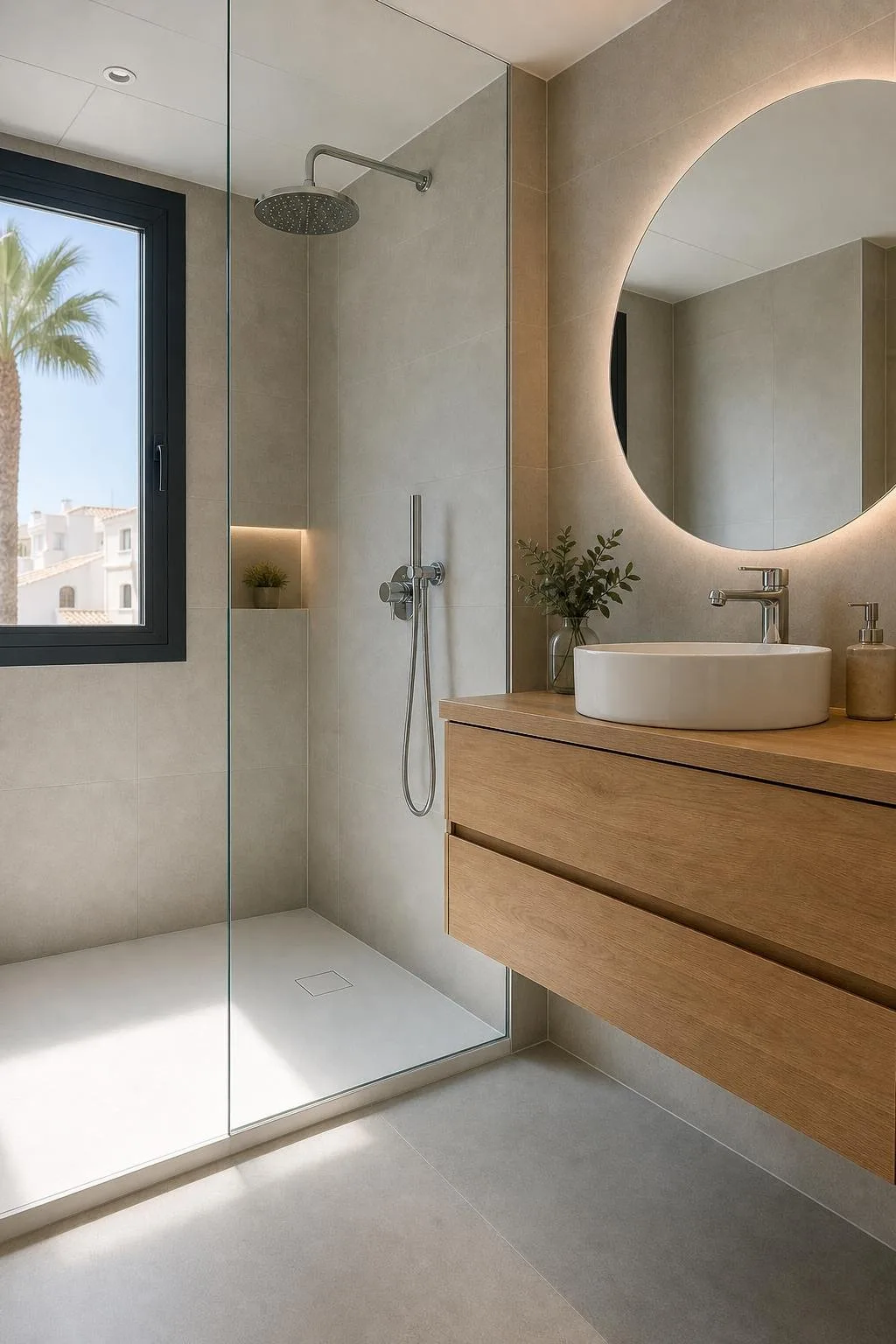 Baño moderno terminado con ducha de obra, mampara fija y mueble de madera