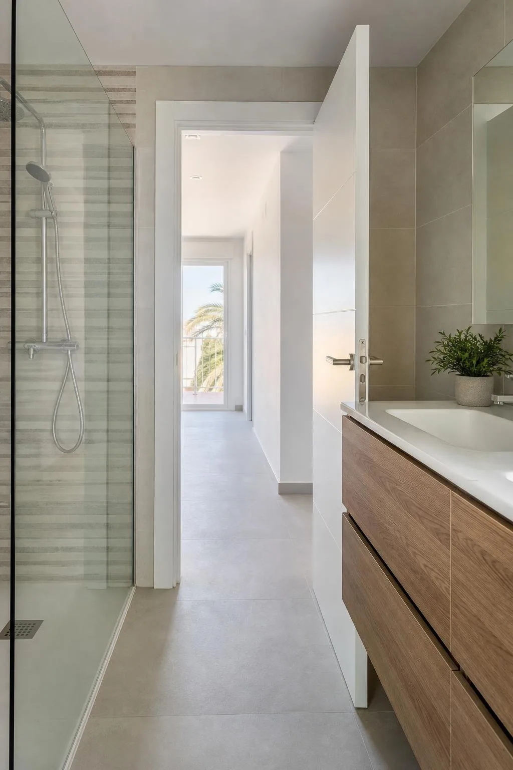 Baño reformado con el pasillo recién pintado al fondo