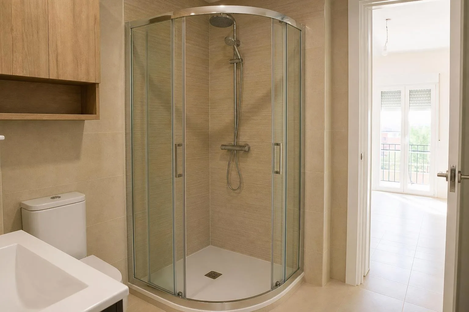 Ducha de esquina con mampara curva y azulejo beige en un baño pequeño