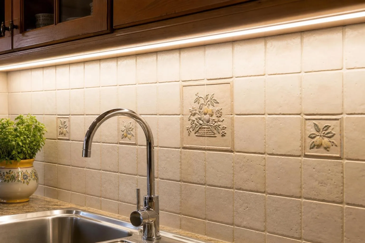 Detalle de salpicadero alicatado con luz bajo mueble